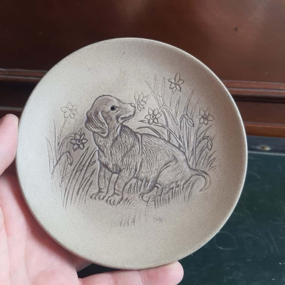 Vintage Poole Pottery England Plate - 5.25" Dog & Floral Art Engraved Design